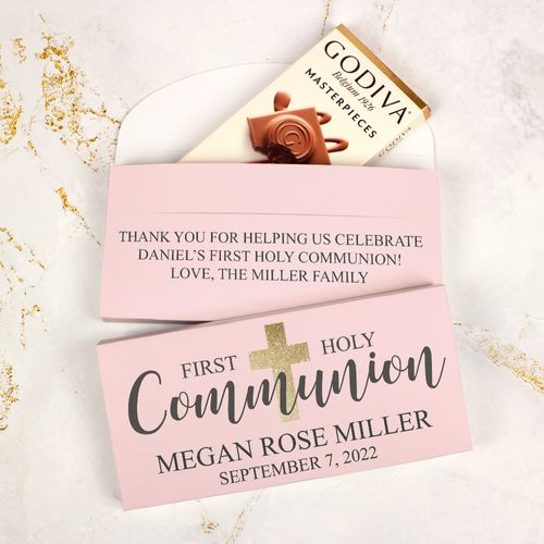 Deluxe Personalized First Communion Godiva Chocolate Bar in Gift Box- Bonnie Marcus Girl Shimmering Cross