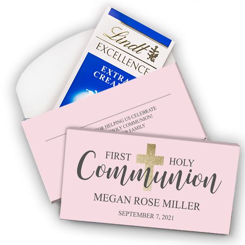 Deluxe Personalized First Communion Lindt Chocolate Bar in Gift Box- Bonnie Marcus Girl Shimmering Cross