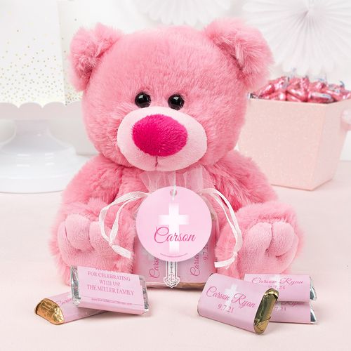 Personalized Girl Communion Floral Filigree Pink Teddy Bear and Organza Bag with Hershey's Miniatures