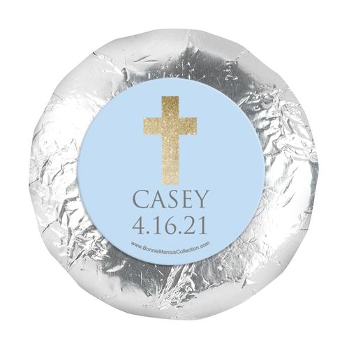 Personalized 1.25" Stickers - Boy First Communion Glitter Cross (48 Stickers)