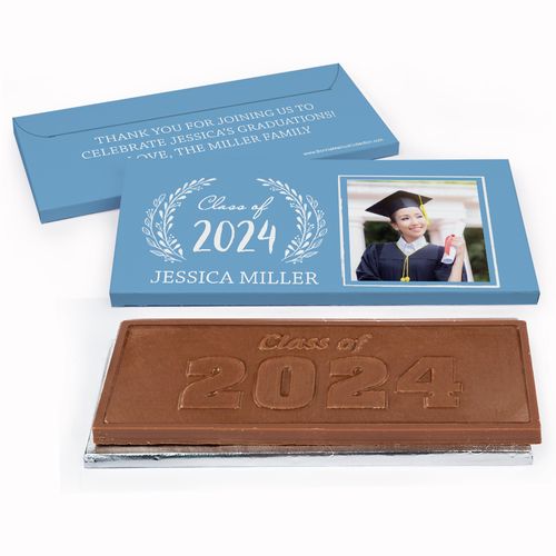 Deluxe Personalized Chalkboard Laurel Graduation Embossed Chocolate Bar in Gift Box