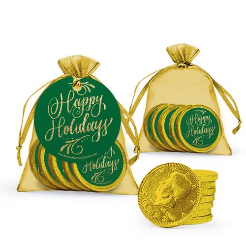Happy Holidays Bonnie Marcus Flourish Chocolate Coins in XS Organza Bags with Gift Tag