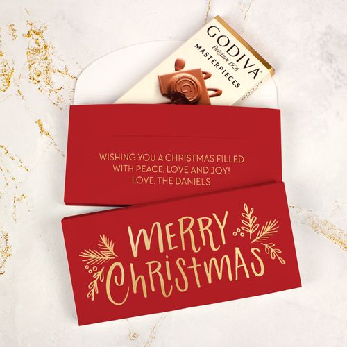 Deluxe Personalized Bonnie Marcus Joyful Gold Christmas Godiva Chocolate Bar in Gift Box