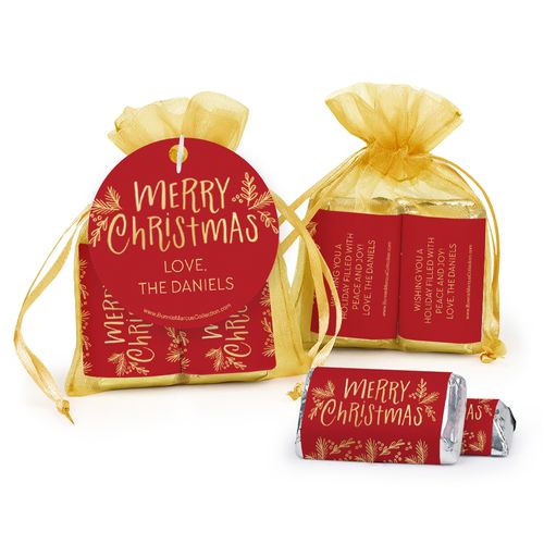 Personalized Christmas Joyful Gold Hershey's Miniatures in Organza Bags with Gift Tag