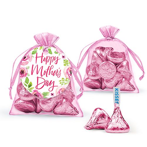 Personalized Mother's Day Pink Floral Hershey's Kisses in Organza Bags with Gift Tag