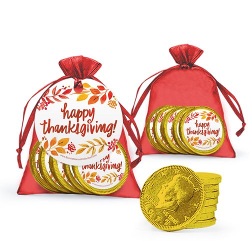 Bonnie Marcus Thanksgiving Fall Foliage Milk Chocolate Coins in Organza Bags with Gift Tag