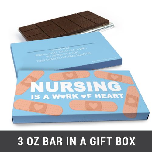 Deluxe Personalized Work of Heart Nurse Appreciation Belgian Chocolate Bar in Gift Box (3oz Bar)