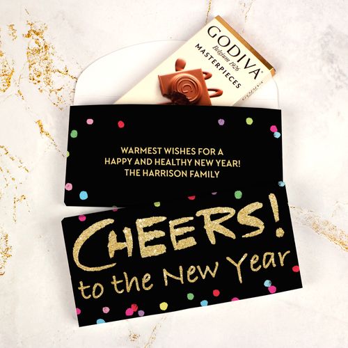 Deluxe Personalized New Years Eve Cheery Rainbow Dots Godiva Chocolate Bar in Gift Box