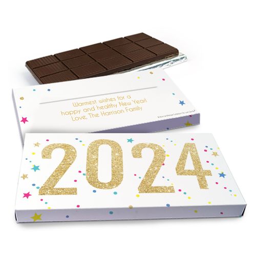 Deluxe Personalized New Year's Eve Starry Celebration Chocolate Bar in Gift Box (3oz Bar)