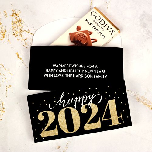 Deluxe Personalized New Years Eve Royal Glitz Godiva Chocolate Bar in Gift Box