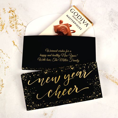 Deluxe Personalized New Years Eve Cheer Godiva Chocolate Bar in Gift Box