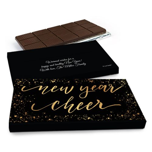 Deluxe Personalized New Year's Eve Cheer Chocolate Bar in Metallic Gift Box (3oz Bar)