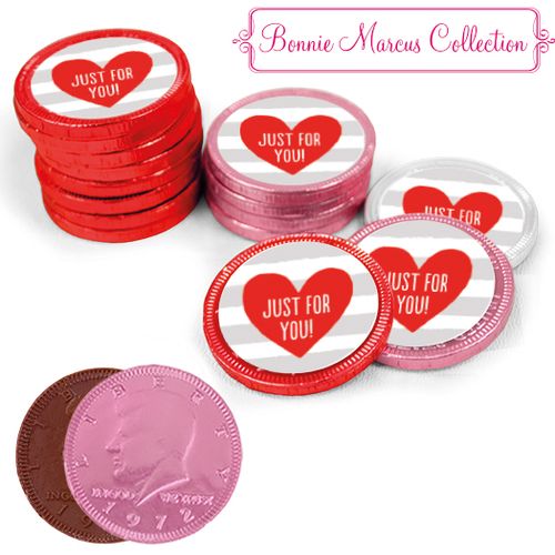 Bonnie Marcus Collection Valentine's Day Stripes Milk Chocolate Red, Pink and White Coins with Stickers (84 Pack)