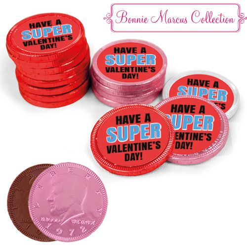 Bonnie Marcus Collection Valentine's Day Superhero Milk Chocolate Red, Pink and White Coins with Stickers (84 Pack)