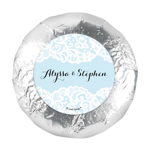 Personalized Bonnie Marcus 1.25" Stickers - Wedding Lace Trim on Light Blue (48 Stickers)