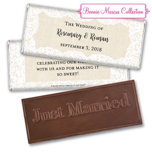 Personalized Bonnie Marcus Wedding Lace Trim on Burlap Embossed Chocolate Bar & Wrapper