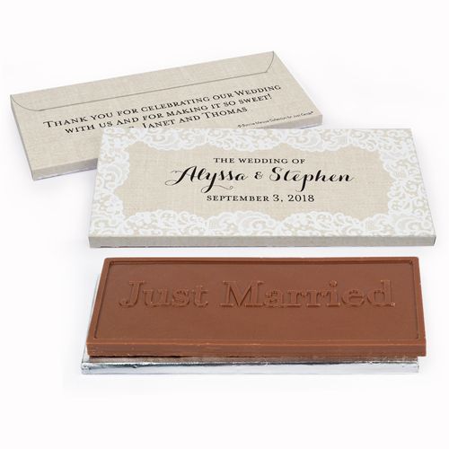 Deluxe Personalized Lace Trim on Burlap Wedding Chocolate Bar in Gift Box
