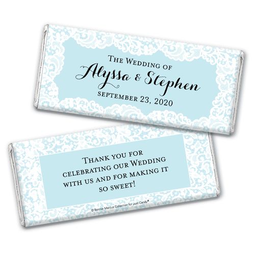 Personalized Bonnie Marcus Chocolate Bar Wrappers Only - Wedding Lace Trim on Light Blue