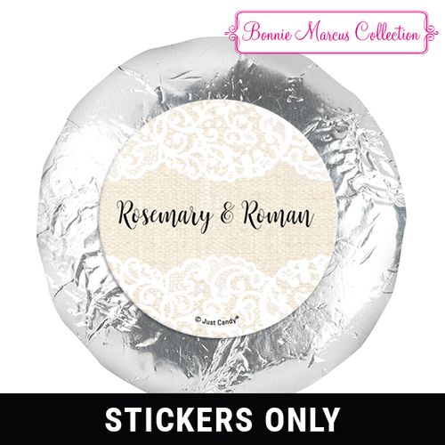 Personalized Bonnie Marcus 1.25" Stickers - Wedding Lace Trim on Burlap (48 Stickers)