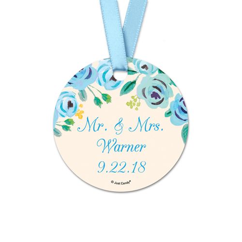 Personalized Bonnie Marcus Collection Blue Flowers Wedding Round Favor Gift Tags (20 Pack)