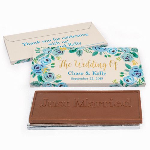 Deluxe Personalized Blue Flowers Wedding Chocolate Bar in Gift Box