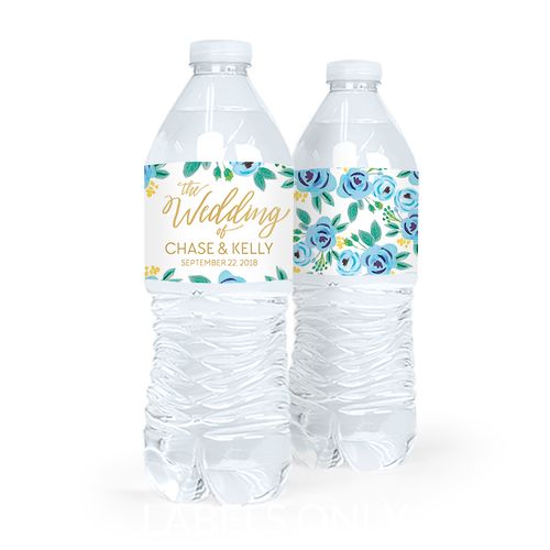 Bonnie Marcus Collection Wedding Blue Flowers Water Bottle Labels (5 Labels)