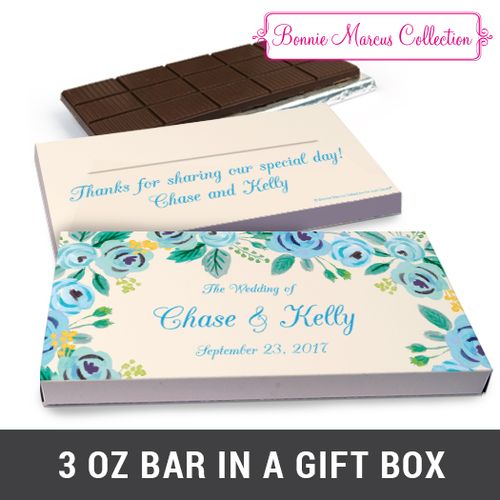 Deluxe Personalized Blue Flowers Wedding Chocolate Bar in Gift Box (3oz Bar)