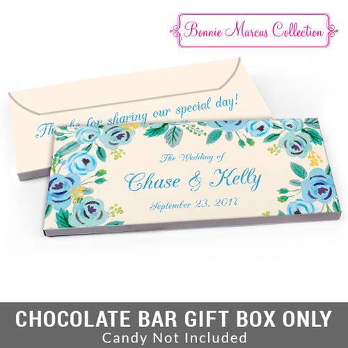 Deluxe Personalized Blue Flowers Wedding Candy Bar Favor Box
