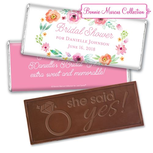 Personalized Bonnie Marcus Embossed Chocolate Bar & Wrapper - Bridal Shower Watercolor Blossoms