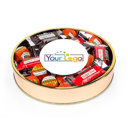 Personalized Add Your Logo Large Plastic Tin with Sugar Free Hershey's & Reese's Mix