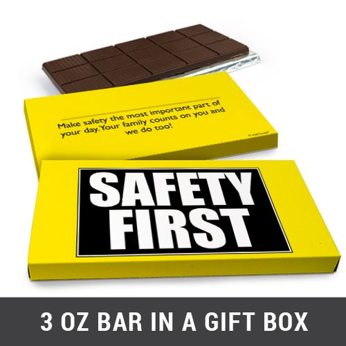 Deluxe Personalized Safety First Business Belgian Chocolate Bar in Gift Box (3oz Bar)