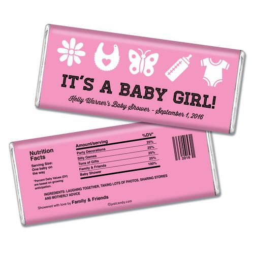 Baby Shower Personalized Chocolate Bar Bottles Bibs and Butterflies "It's a Girl"