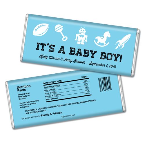 Baby Shower Personalized Chocolate Bar Rockets Robots Rattles "It's a Boy"