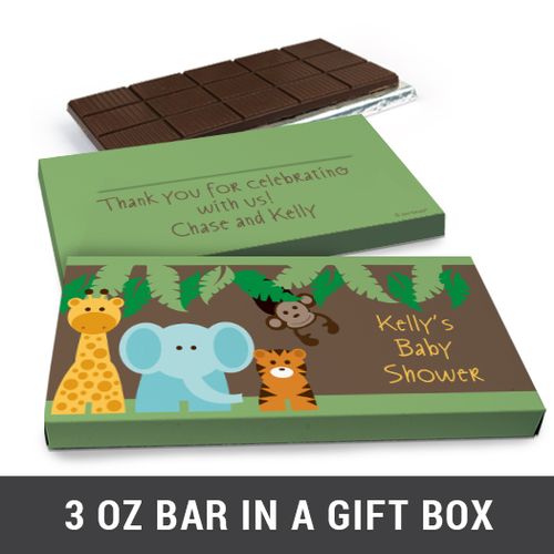 Deluxe Personalized Jungle Friends Baby Shower Belgian Chocolate Bar in Gift Box (3oz Bar)