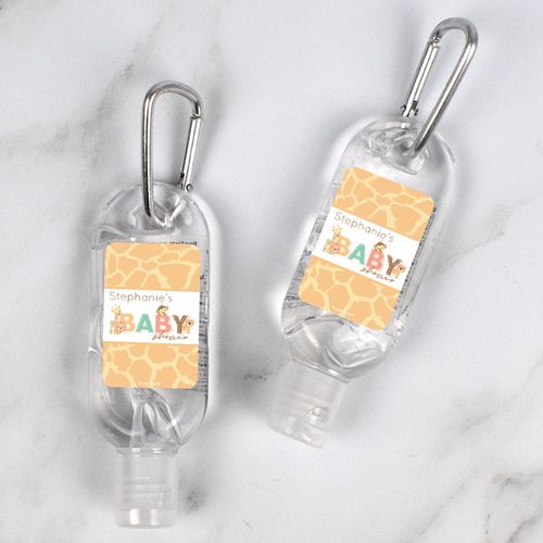 Personalized Baby Shower Safari Snuggles Hand Sanitizer with Carabiner - 1.fl. Oz.