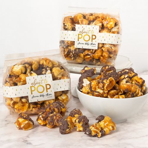 Personalized Baby Shower About to Pop Chocolate Caramel Sea Salt Gourmet Popcorn 3.5 oz Bags
