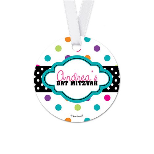 Personalized Polka Dot Bat Mitzvah Round Favor Gift Tags (20 Pack)