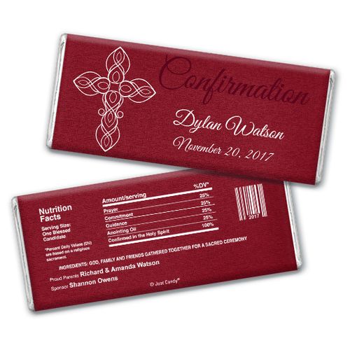 Confirmation Personalized Chocolate Bar White Cross on Crimson Red