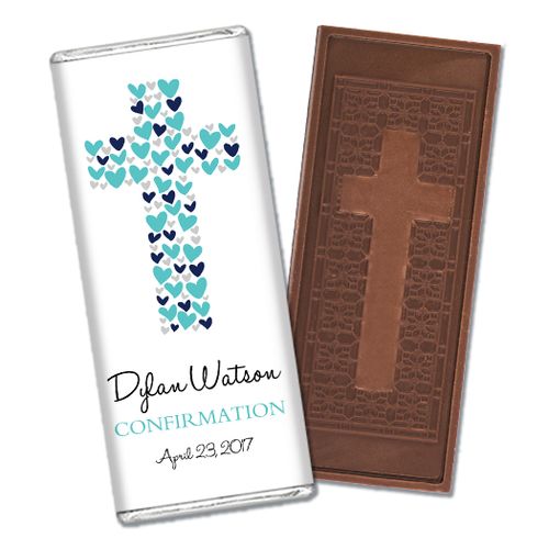 Confirmation Personalized Embossed Cross Chocolate Bar Hearts Cross