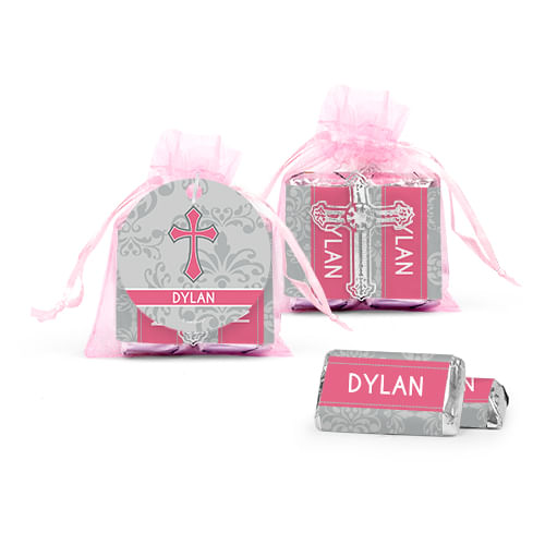 Personalized Girl Confirmation Host & Silver Chalice Cross Organza Bag with Hershey's Miniatures