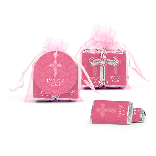 Personalized Girl Confirmation Host & Silver Chalice Cross Organza Bag with Hershey's Miniatures