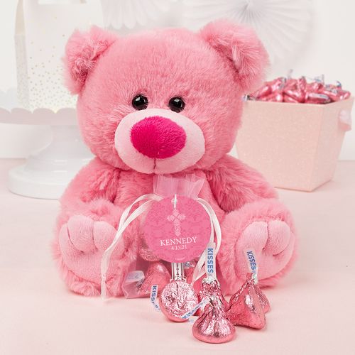 Personalized Girl Confirmation Elegant Cross Pink Teddy Bear and Organza Bag with Hershey's Kisses