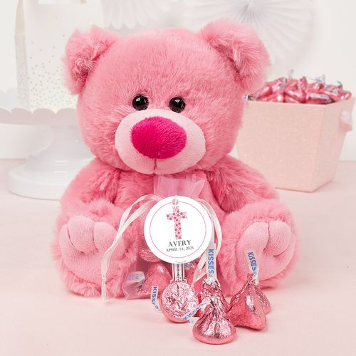 Personalized Girl Confirmation Stone Cross Pink Teddy Bear and Organza Bag with Hershey's Kisses