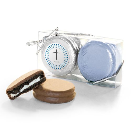 Personalized Confirmation Blue Dotted Circle Calvary Cross 2PK Chocolate Covered Oreo Cookies