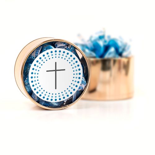 Confirmation Blue Dotted Circle Calvary Cross Hershey's Kisses Medium Plastic Tin