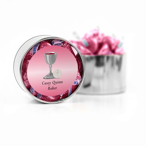 Personalized Confirmation Pink Dotted Circle Calvary Cross Hershey's Kisses Medium Plastic Tin