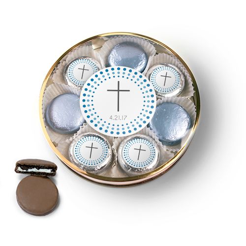 Personalized Confirmation Blue Dotted Circle Calvary Cross Chocolate Covered Oreo Cookies Large Plastic Tin