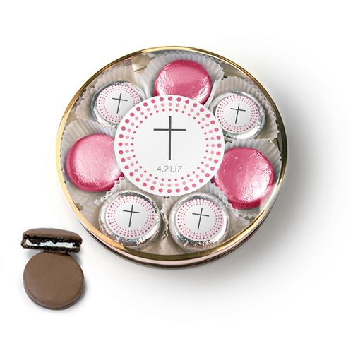 Personalized Confirmation Pink Dotted Circle Calvary Cross Chocolate Covered Oreo Cookies Large Plastic Tin