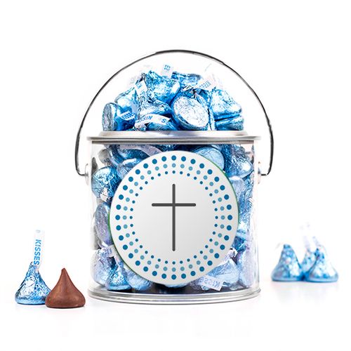 Confirmation Blue Dotted Circle Calvary Cross Silver Paint Can with Sticker
