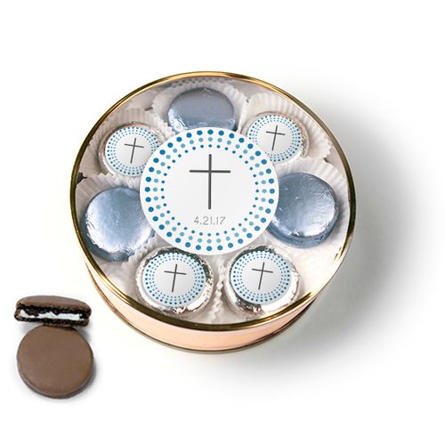 Personalized Confirmation Blue Dotted Circle Calvary Cross Chocolate Covered Oreo Cookies Extra-Large Plastic Tin